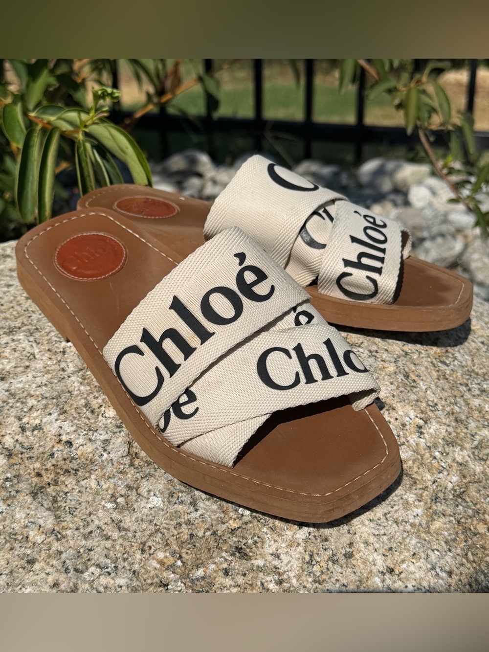 Chloé Woody Logo Canvas Slide Sandals Cream Black EU 37 US 7 Designer Luxury